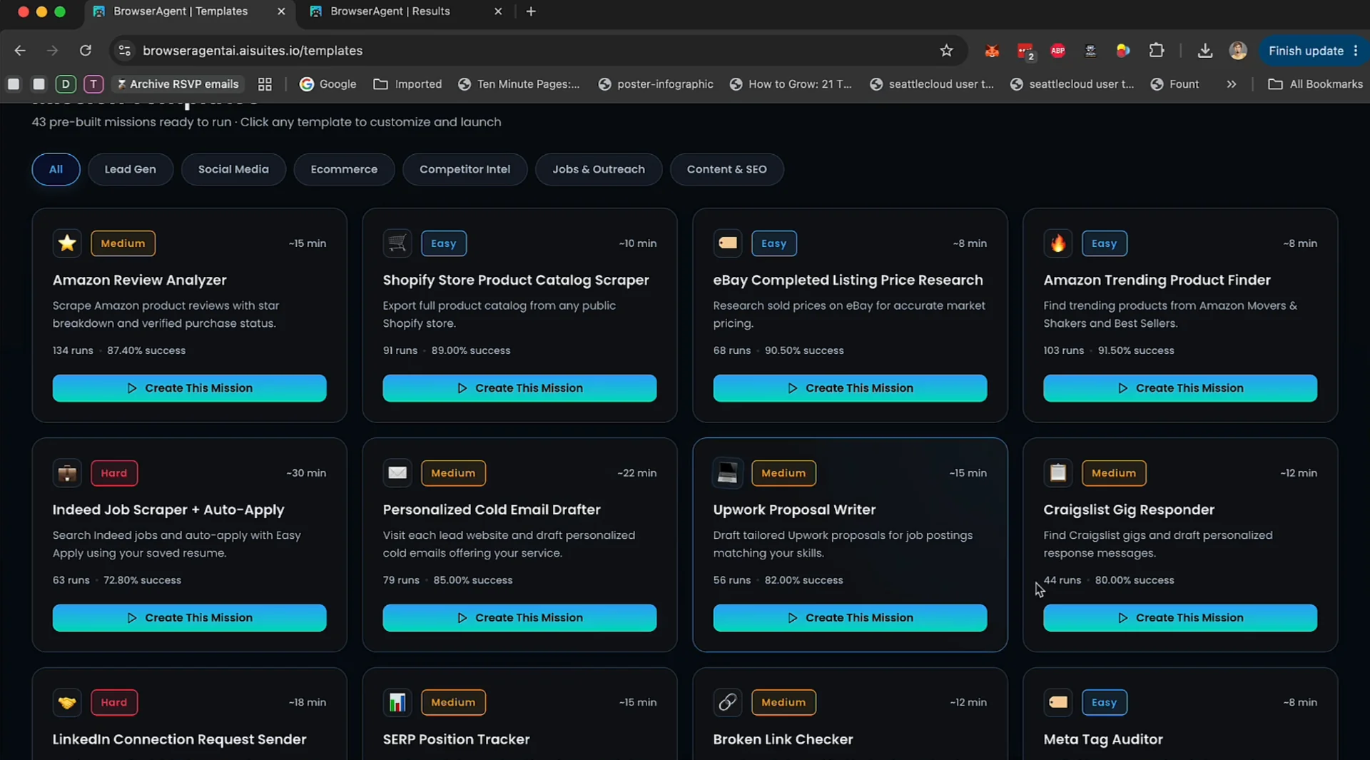 BrowserAgent mission templates library BrowserAgent mission templates for lead generation, ecommerce, outreach, and SEO